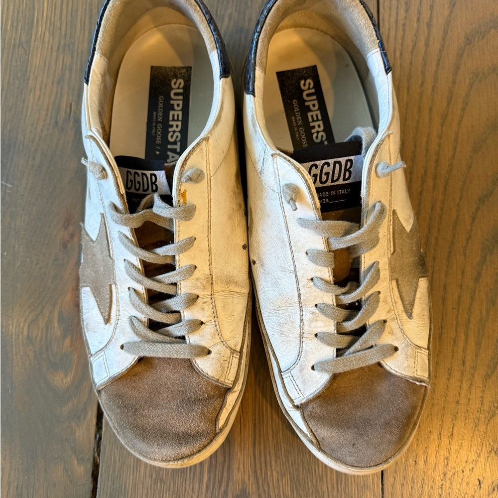 Golden Goose White and Brown Distressed Sneakers